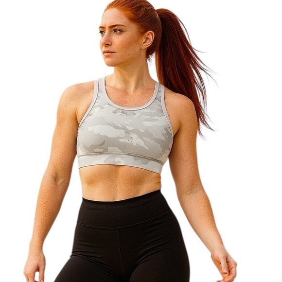 Avia Medium Racerback Sports Bra Grey White Camouflage Camo Workout Athletic - Picture 1 of 7